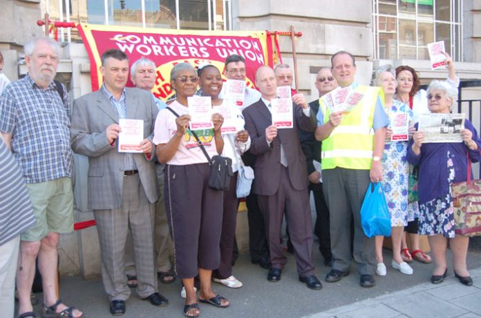 More than 50 local residents joined members of the CWU postal workers’ union at the protest on Monday