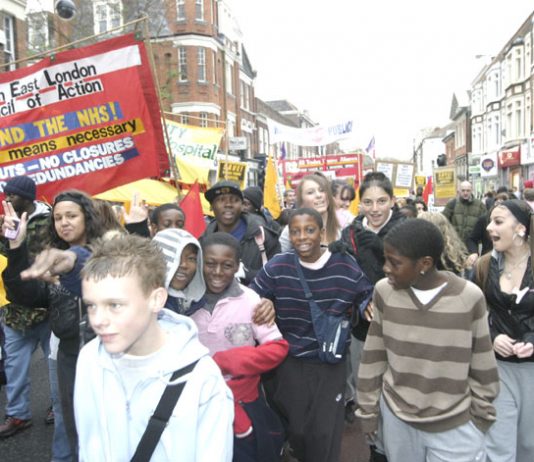 Young people at the front of the 3,000-strong NE London Council of Action march against the closure of Chase Farm Hospital in Enfield last November