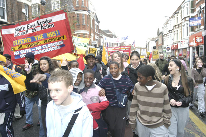Young people at the front of the 3,000-strong NE London Council of Action march against the closure of Chase Farm Hospital in Enfield last November