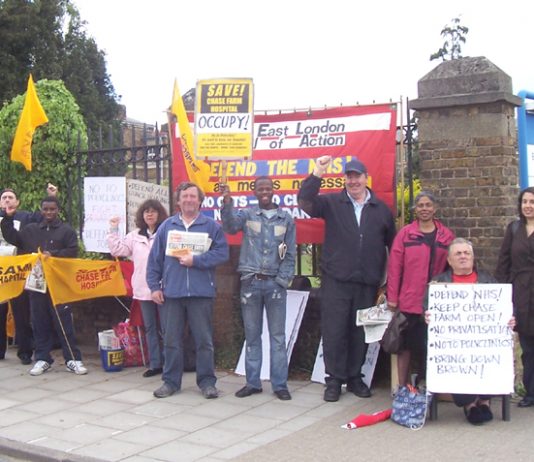 A section of the North-East London Council of Action picket outside Chase Farm Hospital yesterday