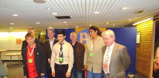 International speakers at the PCS conference: French trade union leader Christian Grolier (left), Palestinian student Khaled Al-Mudallal (centre) and Hengride Permal, chair of the Chagos Islands Community Association (second from right)
