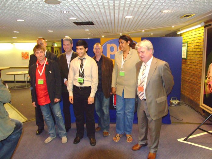 International speakers at the PCS conference: French trade union leader Christian Grolier (left), Palestinian student Khaled Al-Mudallal (centre) and Hengride Permal, chair of the Chagos Islands Community Association (second from right)