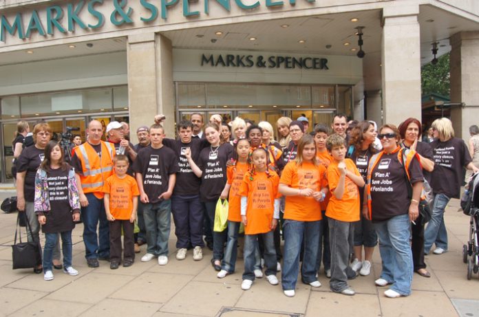 Angry Fenland Foods workers with their families demonstrating outside the Marks & Spencer store in Oxford Street against the threat tonearly 800 jobs