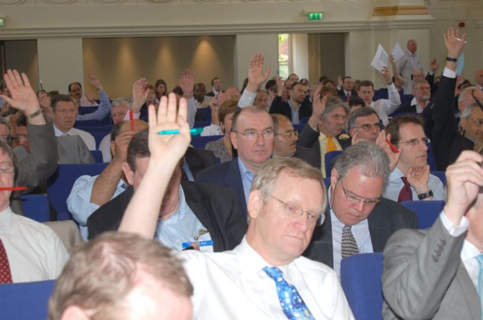 BMA delegates voting to defend the NHS at yesterday’s consultants conference in London