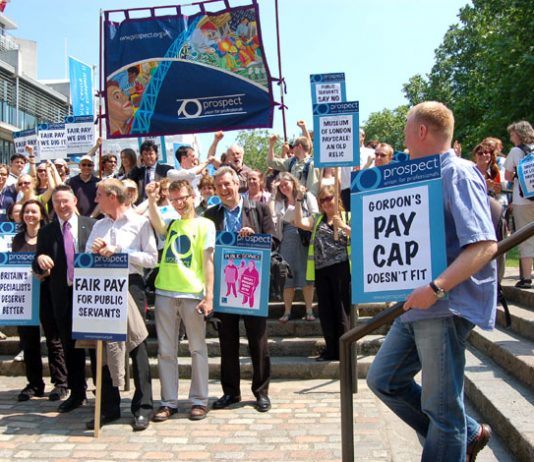 Museum of London strikers with Prospect members and their banner outside the Central Hall yesterday afternoon