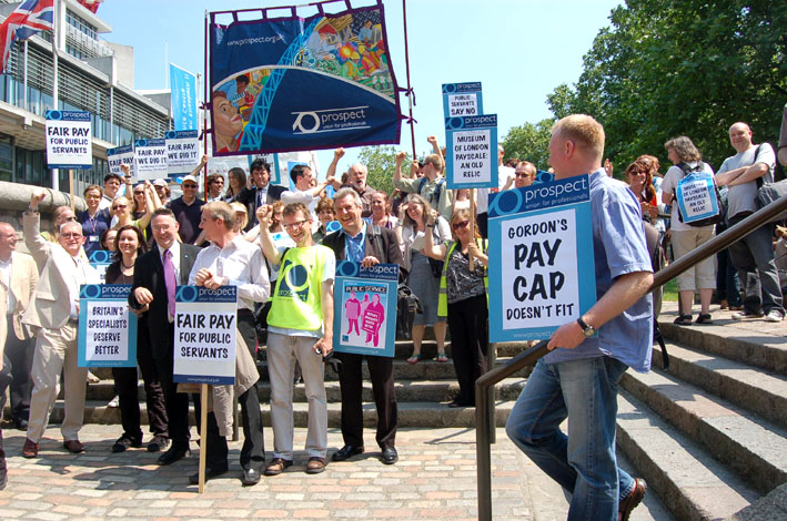 Museum of London strikers with Prospect members and their banner outside the Central Hall yesterday afternoon
