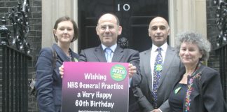 BMA GPs committee member BETH McCARRON-NASH, GPs committee chairman Dr LAURENCE BUCKMAN, GPs committee member Dr PRIT BUTTAR, and BMA Patient Liason Group member NATALIE TEICH before handing in a 1,236,085-signature petition to Downing Street