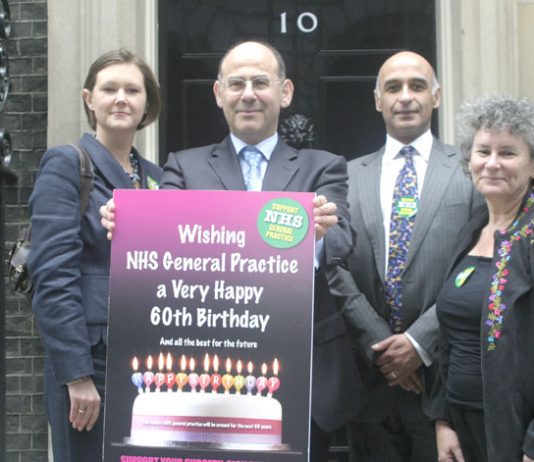 BMA GPs committee member BETH McCARRON-NASH, GPs committee chairman Dr LAURENCE BUCKMAN, GPs committee member Dr PRIT BUTTAR, and BMA Patient Liason Group member NATALIE TEICH before handing in a 1,236,085-signature petition to Downing Street