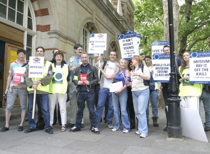 Pickets outside the Science Museum, South Kensington yesterday striking to defend their pay