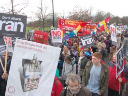 Demonstrators in London against the war on Iraq demanding no attack on Iran