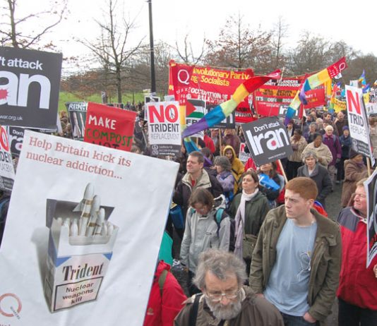 Demonstrators in London against the war on Iraq demanding no attack on Iran