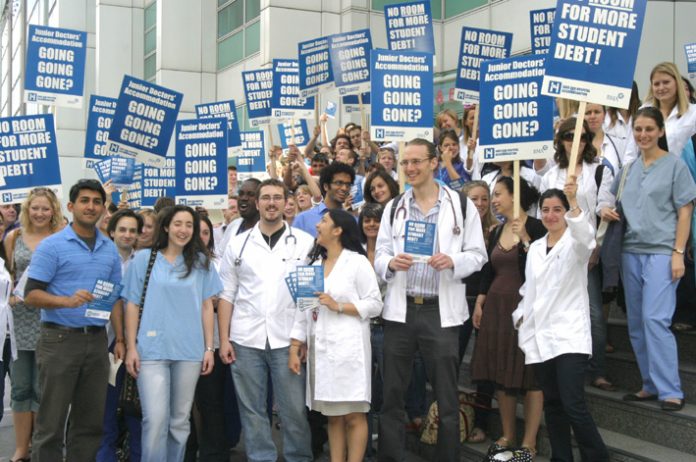 Hundreds of medical students demonstrated on the steps of University College London Hospital yesterday, demanding their right to accommodation when they become junior doctors