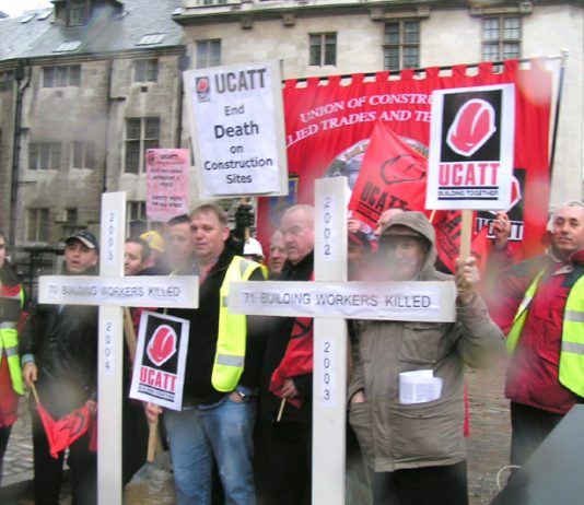 Construction workers lobbying parliament on the day of a private members Bill to hold directors of companies where there are deaths in the workplace be held to account – the Bill was not passed as not enough MPs turned up to vote