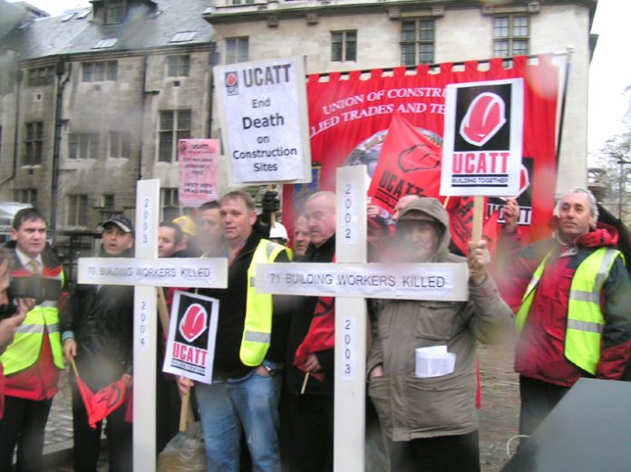 Construction workers lobbying parliament on the day of a private members Bill to hold directors of companies where there are deaths in the workplace be held to account – the Bill was not passed as not enough MPs turned up to vote