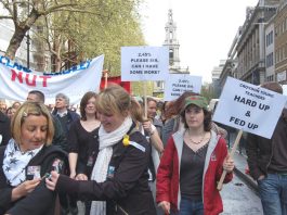 Young teachers marching in London during their strike over pay on April 24th