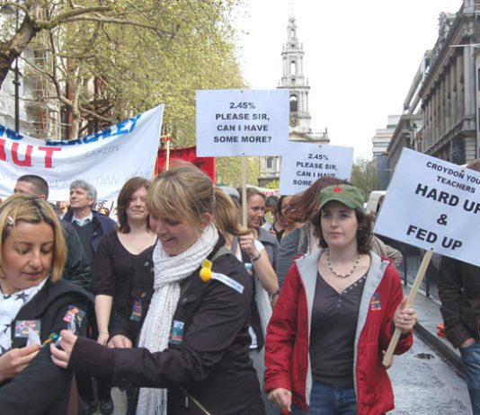 Young teachers marching in London during their strike over pay on April 24th
