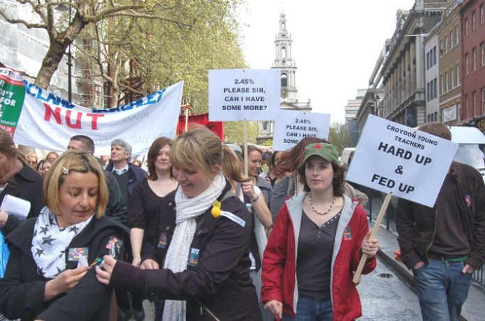 Young teachers marching in London during their strike over pay on April 24th