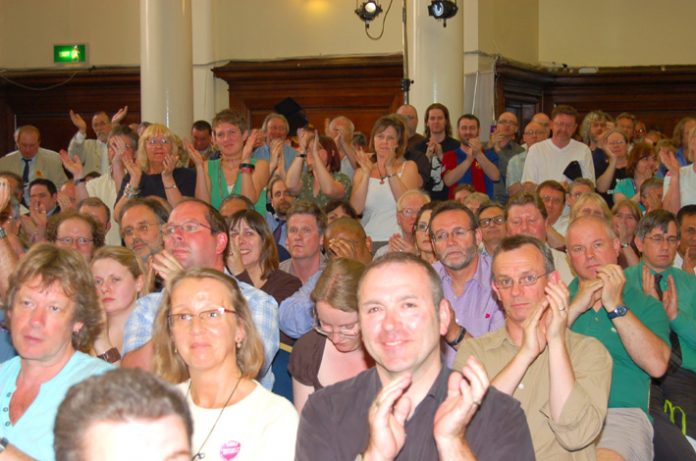 Part of the audience at the recent TUC Public Services rally in Westminster applauding calls for public sector-wide strike action