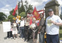 A section of the mass picket outside Chase Farm Hospital yesterday
