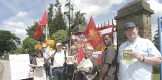 A section of the mass picket outside Chase Farm Hospital yesterday