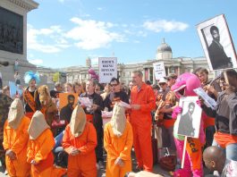 Protesters in Trafalgar Square on June 15th demanding the release of Binyam Mohamed and all political prisoners fron Guantanamo Bay prison