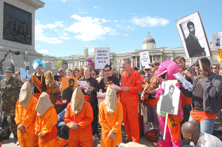 Protesters in Trafalgar Square on June 15th demanding the release of Binyam Mohamed and all political prisoners fron Guantanamo Bay prison