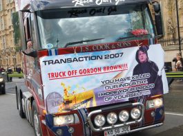Lorry on a fuel tax protest in London in April
