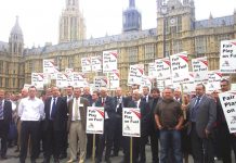 A section of the mass demonstration outside Parliament of road hauliers from throughout the UK demanding Brown act on high fuel prices