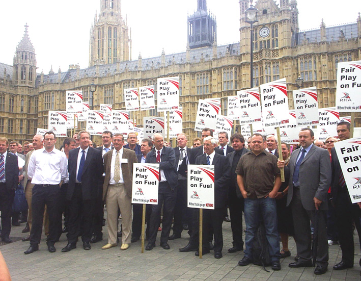 A section of the mass demonstration outside Parliament of road hauliers from throughout the UK demanding Brown act on high fuel prices