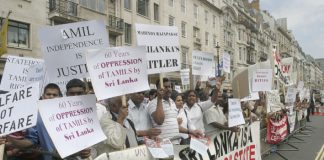 Demonstrators in London opposing the visit of Sri Lankan Premier Rajapakse
