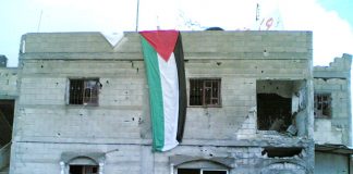 Palestinians fly their  flag in Beit Hanoun in defiance of Israeli army shelling of their homes