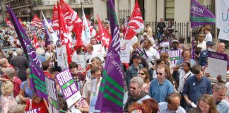 Striking UNISON and Unite members demonstrating in the centre of London yesterday