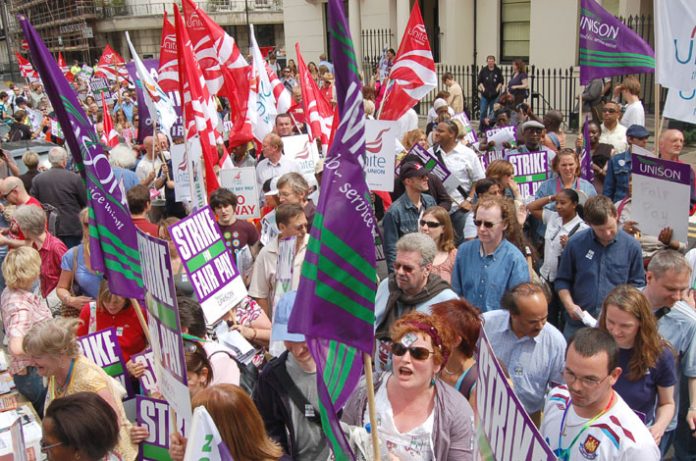 Striking UNISON and Unite members demonstrating in the centre of London yesterday