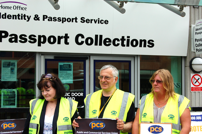 Pickets outside passport office in Victoria, central London, yesterday on the first day of their three-day strike