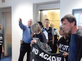 Protestors against the proposed Wembley Academy occupied the London HQ of ARK – the proposed sponsors – who called security guards and the police. The occupiers were elated that they managed to get into the heavily secured building.  Photo credit: GUY SMA