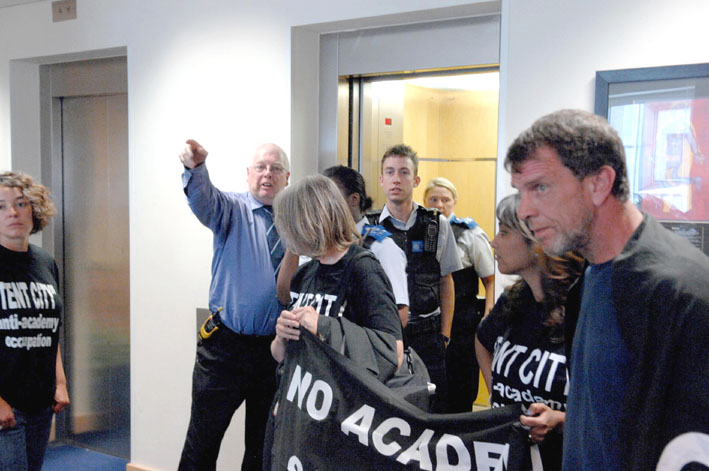 Protestors against the proposed Wembley Academy occupied the London HQ of ARK – the proposed sponsors – who called security guards and the police. The occupiers were elated that they managed to get into the heavily secured building.  Photo credit: GUY SMA
