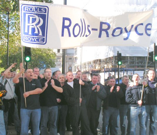 Rolls Royce workers marching to Parliament to defend their jobs