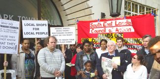 The South East London Council of Action demonstrating outside Southwark Town Hall in May against the threat of eviction hanging over Heygate Estate tenants