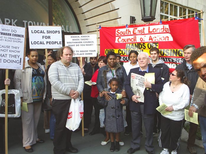 The South East London Council of Action demonstrating outside Southwark Town Hall in May against the threat of eviction hanging over Heygate Estate tenants