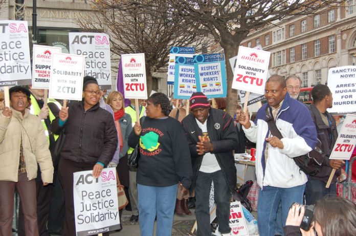 A picket of the Zimbabwean embassy in central London last year against repression of trade unionists that was joined by British trade union leaders