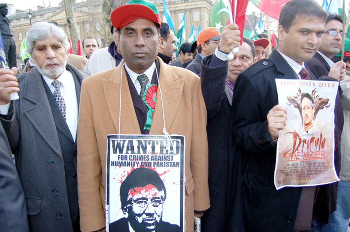 Demonstrators in London last year demanding the ending of Musharraf’s military regime
