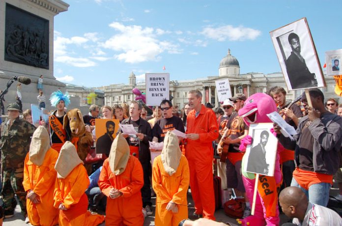 Demonstration in Trafalgar Square in June demanding the release of Binyam Mohamed from Guantánamo prison