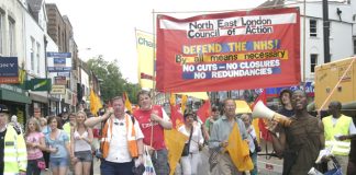 The front of the North-East London Council of Action demonstration by over 1,000 people to save Chase Farm in July