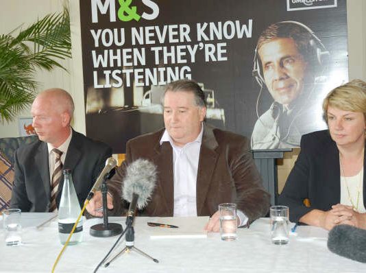 GMB General Secretary PAUL KENNY (centre) at yesterday’s press conference with Marks and Spencer ‘whistleblower’ Tony Goode (left) and his representative MARIA LUDKIN (right)