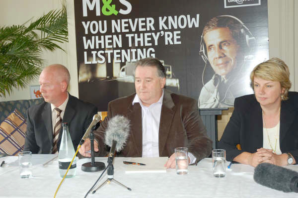 GMB General Secretary PAUL KENNY (centre) at yesterday’s press conference with Marks and Spencer ‘whistleblower’ Tony Goode (left) and his representative MARIA LUDKIN (right)