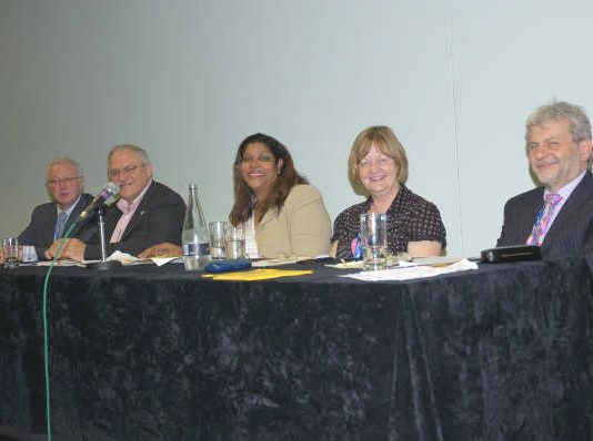 From left to right: Keith Sonnet (UNISON), Brian Caton (POA), Hengride Permal (chair, Chagos Islands Community Association), Sue Bond (PCS) and Richard Ascough (GMB) on the platform at yesterday’s meeting at the TUC in Brighton