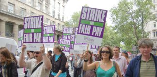 Striking council workers marching against the Brown government’s pay cuts in London in July