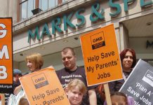 Workers from Marks and Spencer supplier Fenland Foods demonstrate with their children outside a London M&S store – the banking crisis poses a grave threat to millions of workers’ jobs