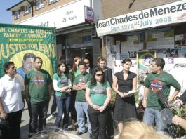 Family and friends of Jean Charles de Menezes at a vigil outside Stockwell Tube station last July 22nd, the 3rd anniversary of his killing