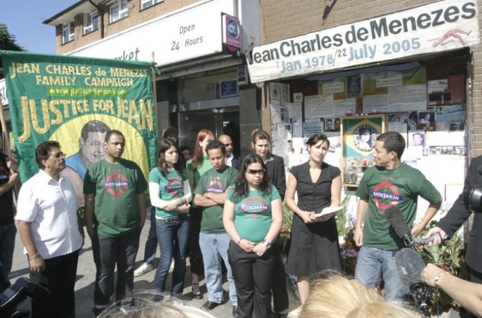 Family and friends of Jean Charles de Menezes at a vigil outside Stockwell Tube station last July 22nd, the 3rd anniversary of his killing